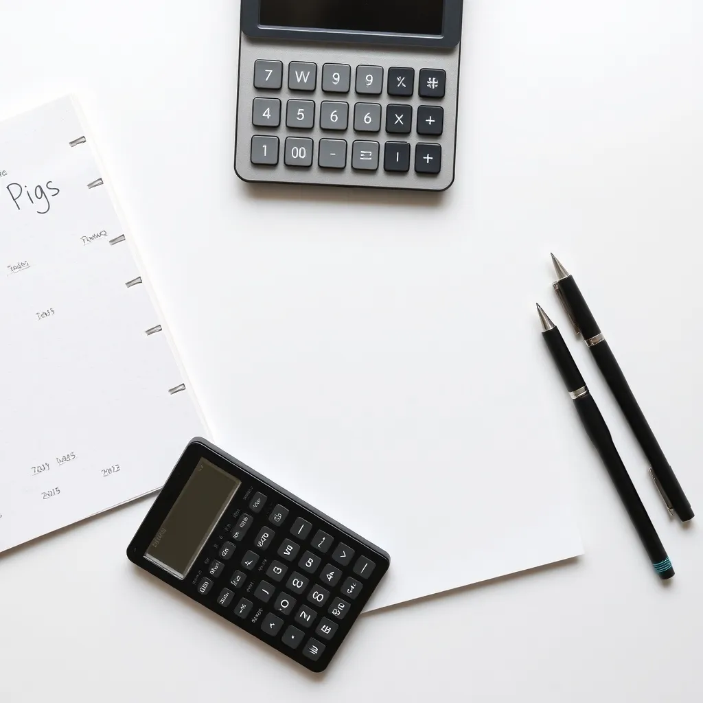 A clean professional office desk with a calculator, notebook